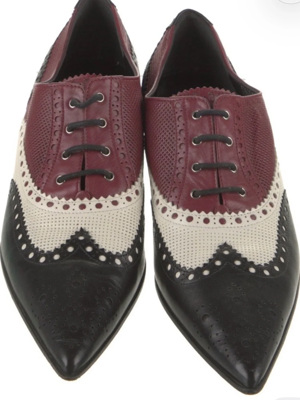 Gucci Burgundy, White & Black Perforated Brogue Oxfords